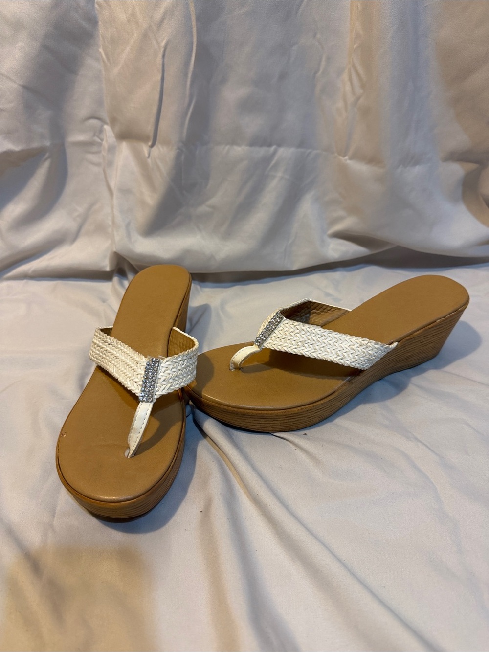 Wedge Thong Sandals — White Braided Strap
